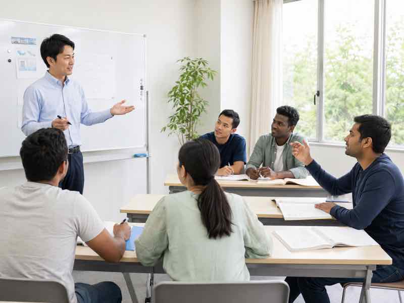 講師から日本語を学ぶ外国人技能実習生