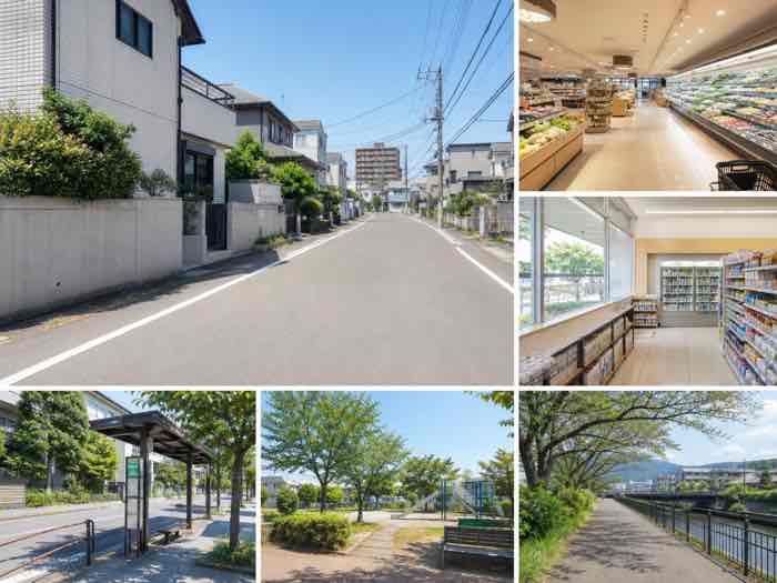 住宅街の近くに店舗やバス停、公園がある、穏やかで便利な周辺環境