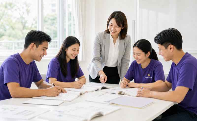 紫色のTシャツを着た4人の実習生が、女性講師から日本語と生活ルールを学んでいる様子